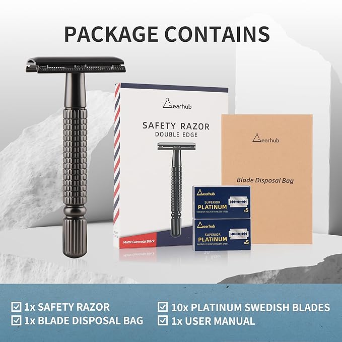 Gearhub Double Edge Safety Razor Reusable Stainless Metal Wet Shaving Razor with 10 Swedish Platinum Blades for Men Women Barber Bikini Armpit Hair, Matte Black GR131