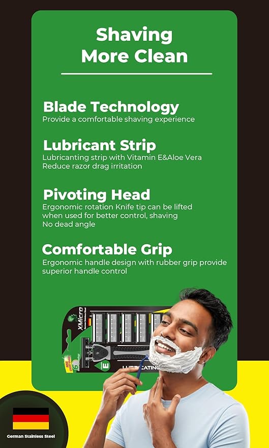 XMicro® Razors for Men, 1 Razor, 7 Blade Refills with German Stainless Steel, Lubricated with Vitamin E, Aloe for Smooth Shave, Shields Against Irritation, Light Weight Version X Men