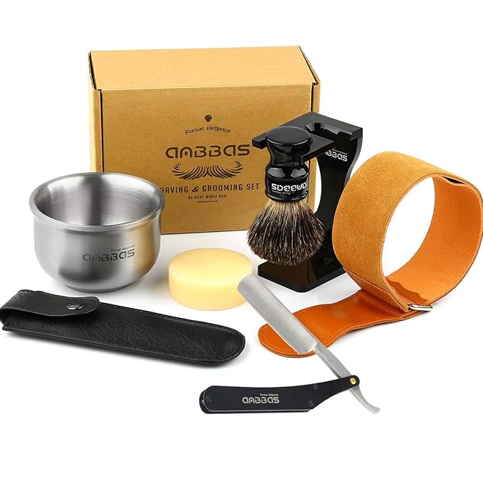 Anbbas Badger Hair Shaving Brush,Stand,Lathering Bowl,3.5oz Soap,Straight Razor with Bag and Razor Strop,7in1 Kit for Men Wet Shave
