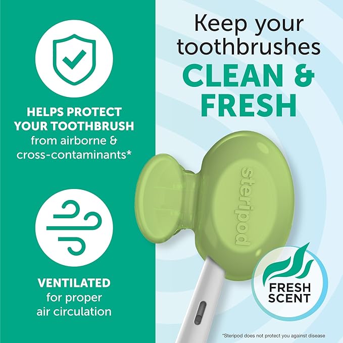 Steripod Clip-On Toothbrush Protector, Keeps Toothbrush Fresh and Clean, Fits Most Manual and Electric Toothbrushes, Blue, Green, Clear, 4 Count
