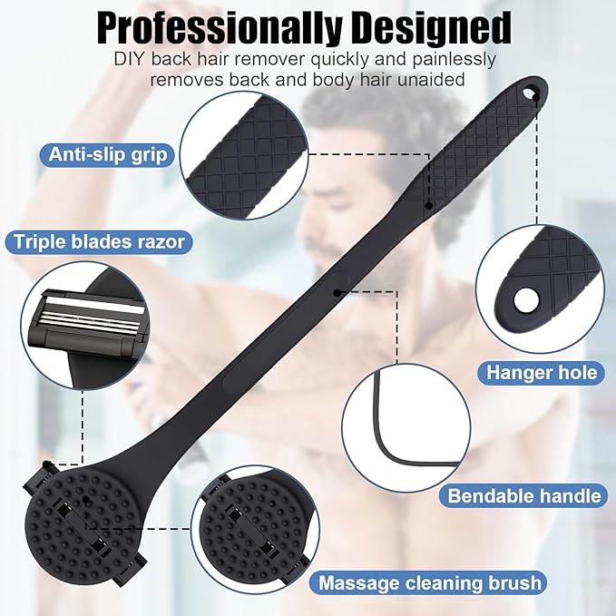 2 in 1 Back Shaver & Massage Cleaning Brush with Bendable Handle, Manual Stainless Steel Razor for Back & Body Hair Removal, Portable Wet Dry Body Groomer with 8 Pcs Replaceable Blades-Black