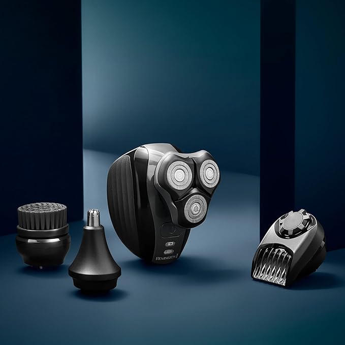 Remington Balder™+ Head Shaver 3 Dual-Track Cutting Heads Multi-Directional Pivot 45 Minute Run Time 100 Percent Waterproof Complete Grooming Kit with Beard Trimmer Nose and Ear Trimmer