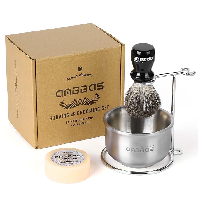 Anbbas Badger Hair Shaving Brush,Stainless Steel Stand Holer for Razor and Brush, Shaving Soap and Bowl,4in1 Kit for Men Wet Shave