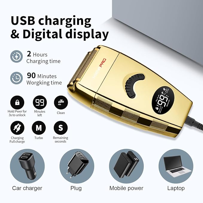 HIENA PRO Reciprocating Foil Shaver for Men, Professional Bald Precision Trimmer and Beard Trimmer, Electric Foil Shaver with USB Charging, Grooming Tools, Gifts for Men(Gold)