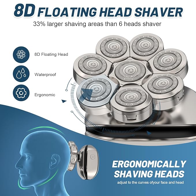 Electric Head Shavers for Men：- 6 in 1 Head Shavers for Bald Men, IPX6 Waterproof Men's 8D Electric Head Razor, Wet&Dry Rotary Shaver Grooming Kit with Nose Beard Trimmer Hair Clipper