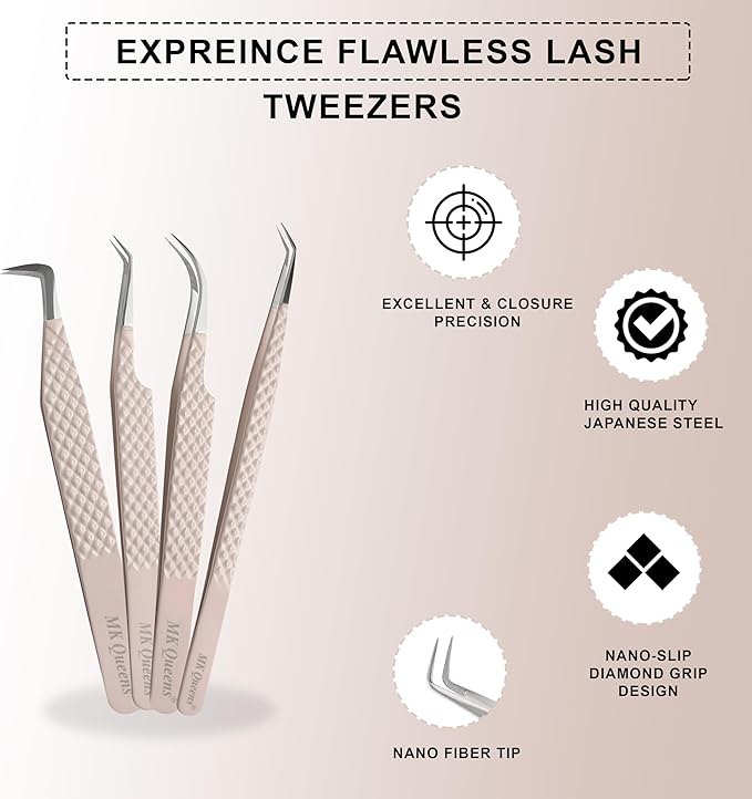 Lash Tweezers - Stainless Steel Fiber Tip Eyelash Tweezers (Set of 4) - Diamond Grip Professional Lash Tweezers for Eyelash Extensions (Beige)