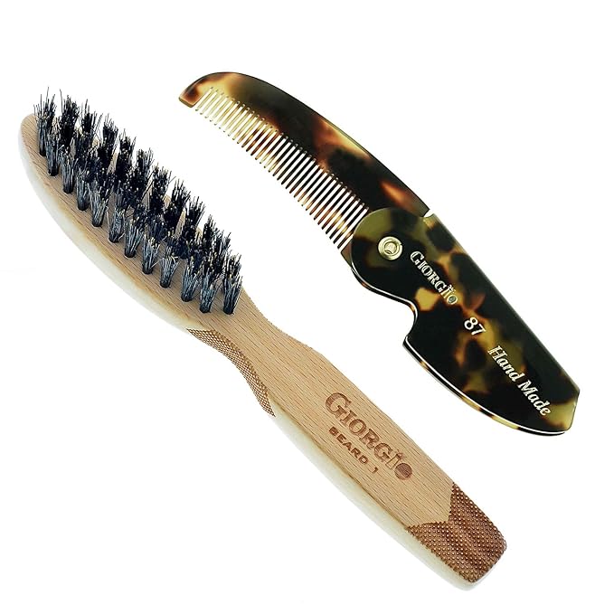 Giorgio G87 Gentleman's Tokyo Folding Pocket Comb, Flexible Men's Hair, Beard and Mustache Pocket Comb. Hand-Made of quality Durable Cellulose Acetate + GBRD1 6 Inch Beard and Mustache Brush