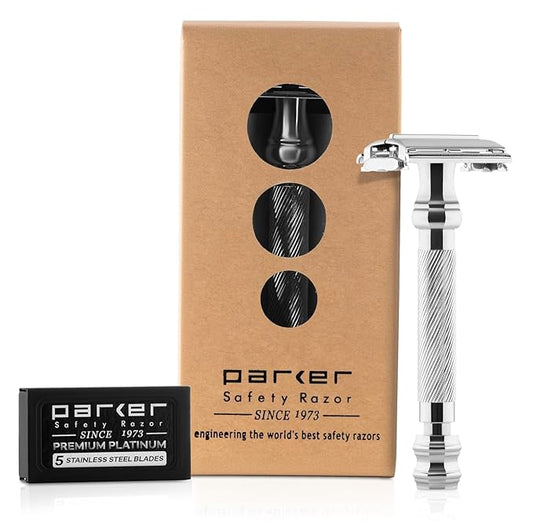 Parker 99R Chrome Long Handle Heavyweight Butterfly Open Double Edge Safety Razor for Men | 5 Parker Premium Platinum Double Edge Razor Blades Included | Iconic Brand