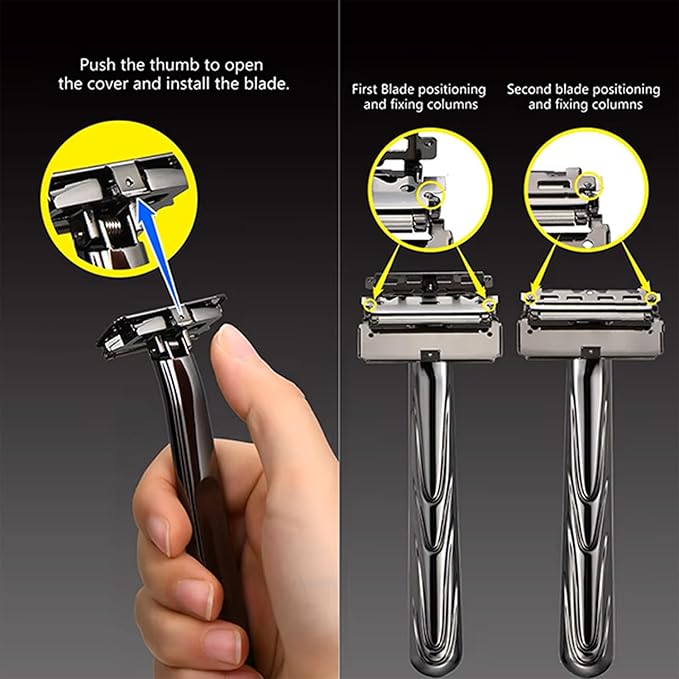 Men's Safety Razor with Black Double Stainless Steel Blades - 2 Half Flexible Blades for Smooth Gliding Shave & Beard Care (Black)
