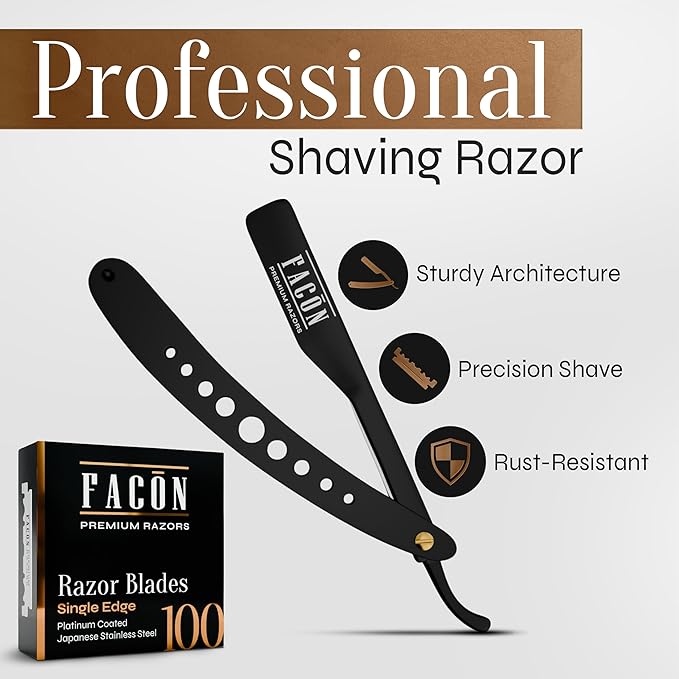Facón Straight Razors for Men - Professional Barber Straight Edge Razor Kit with 100 Blades, Classic Stainless Steel Barbero Shaver for a Smooth & Precise Shave, Premium Barber Razor for Men's Shaving