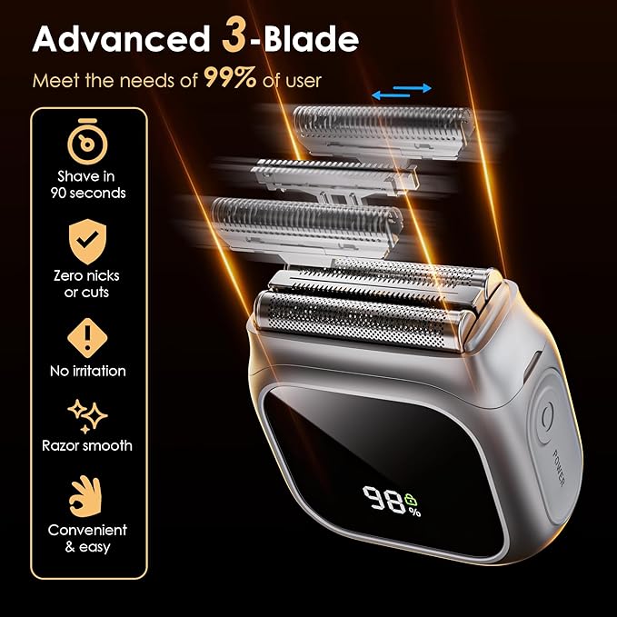NXB Electric Razor for Men,Innovative Mirror-Like Design,Beard Trimmer for Men with 20,000 RPM Motor,LED Display,3 Floating Blades,IPX7 Waterproof,Men's Foil Shavers - Perfect for Travel & Home Use