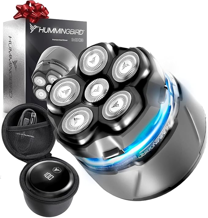 HUMMINGBIRD MK3 Stealth Edition Electric Head Shaver - No Nick Electric Razor for Men, Cordless USB C Rechargeable, Waterproof Wet/Dry Shave, 6 Blade Head, LED Display, Rotary Skull Shaver with Case