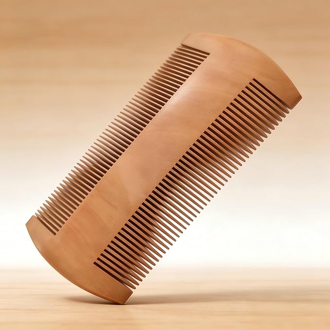 Dual-Sided Wooden Beard Comb for Men - Mustache Comb & Beard Brush Set, Anti-Static Wide & Fine Teeth for Detangling, Styling and Grooming Kit, Travel Friendly