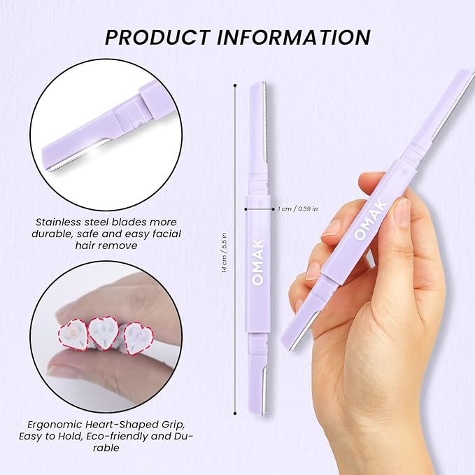 Double-Ended Face Razor for Women – Eyebrow & Dermaplaning Tool | 6 Pack = 12 Blades Stainless Steel | Peach Fuzz Remover & Exfoliator for Smooth, Glowing Skin
