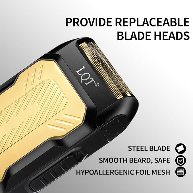 LQTⓇ Mini Foil Shaver, Portable Cordless Electric Shaver for Men, Equipped with a Set of Replacement Heads, USB-C Charging Cable, and Cleaning Brush, Suitable for Travel and Home use. (Golden)