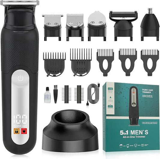 SUNNOW Electric 5-in-1 Body Hair Trimmer - Groin Trimmer for Men -Beard Trimmer for Men - Wet/Dry Shaver Groomer, Waterproof with LED Light, Gifts for Husband Father