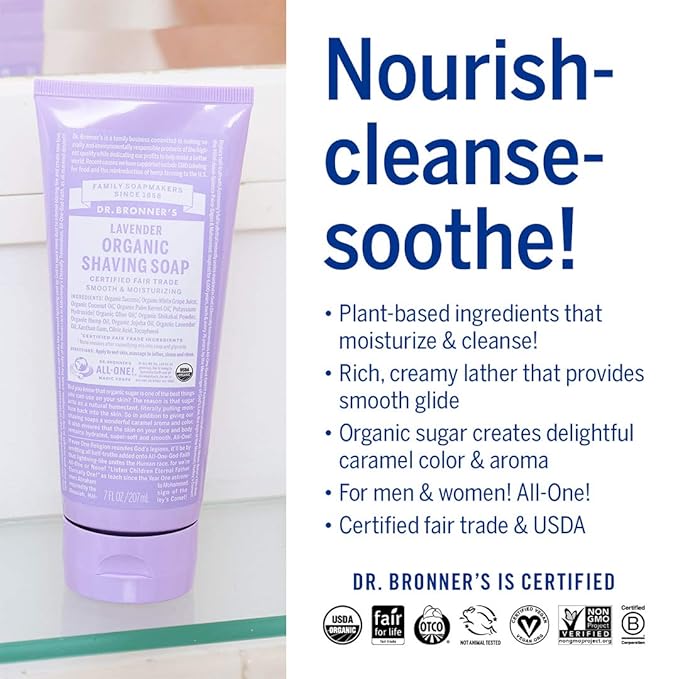 Dr. Bronner's Organic Shaving Soap– (Lavender, 7 Ounce)– Moisturizing Shave Soap for Men & Women– Certified Organic Sugar & Shikakai– For Face, Underarms & Legs