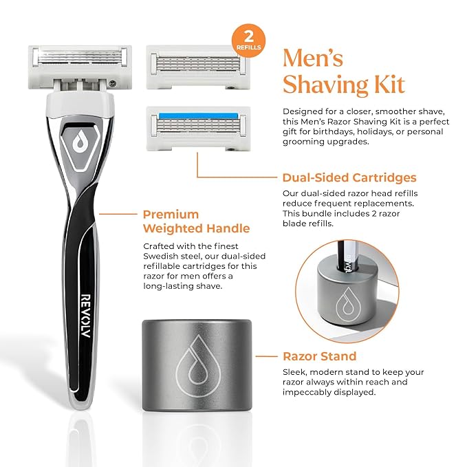 REVOLV - Men’s Razor Shaving Kit - 1 Premium Weighted Handle + 3 Dual-Sided Cartridges + 1 Stand - For a Closer, Smoother Shave - Safe on Sensitive Skin - 2 Razor Blade Refills - Black
