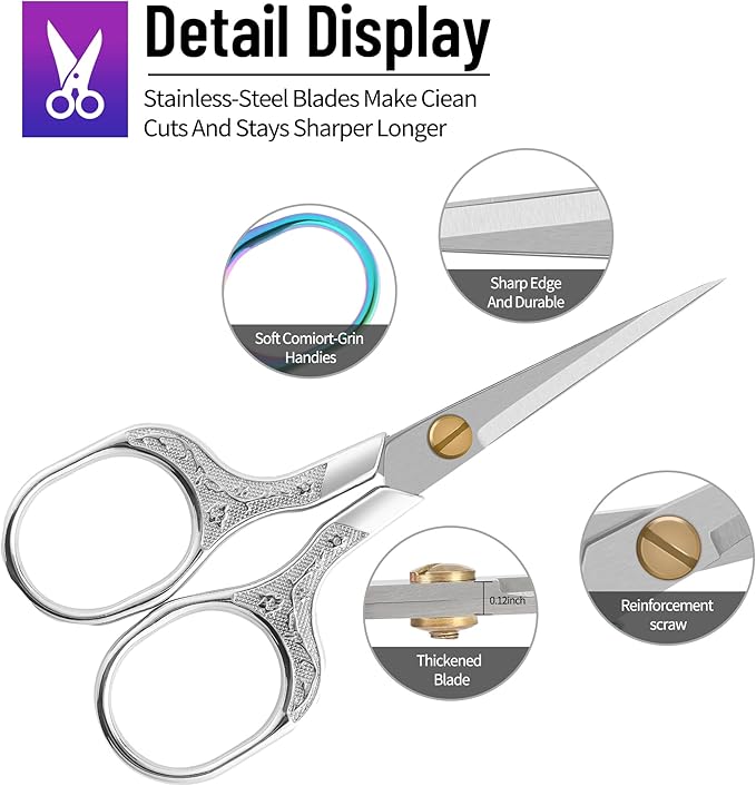 Small Sharp Grooming Scissors Set, Precision Hair & Beard Trimming Shears with Needle-Fine Tip, Vintage Stainless Steel Design, Large Finger Holes, with Protective Sheaths