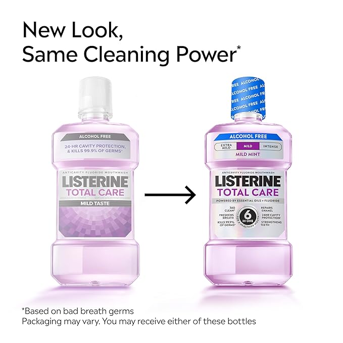 Listerine Total Care Alcohol-Free Mild Mouthwash, 6 Benefit Oral Rinse to Help Kill 99.9% of Germs that Cause Bad Breath, Strengthen Enamel, Mild Mint Flavor, 500 mL