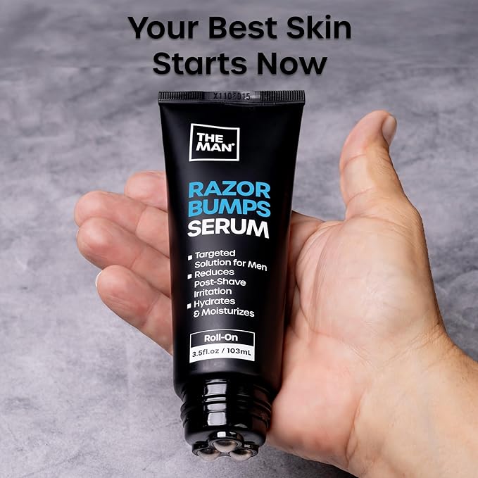 The Man Razor Bumps Serum - Ingrown Hair Treatment for Men - Razor Bump Treatment for Men - Face & Body After Shave & Razor Burn Treatment - Metal Roll On Soothes Skin & Calms Irritation (3.5fl.oz)