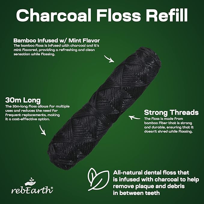 rebEarth Deep Clean Charcoal Black Floss Refill - Oral Care Dental Flossers Threaders Roll with Mint Flavored, 30m Bamboo Earth Silk Smooth & Shred Resistant Zero Waste Plastic Free (Pack of 4)