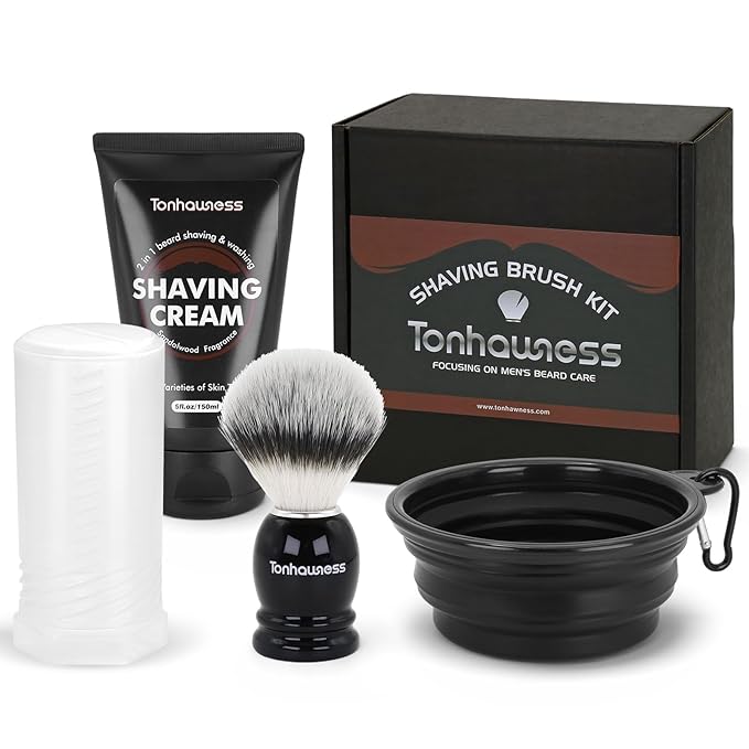 Travel Shaving Brushes Kit For Men, 4 In 1 Shaving Brush Set With Nylon Bristle Shaving Brush, Shaving Brush Case, Shaving Cream and Foldable Shaving Bowl For Trip (Nylon Bristle)