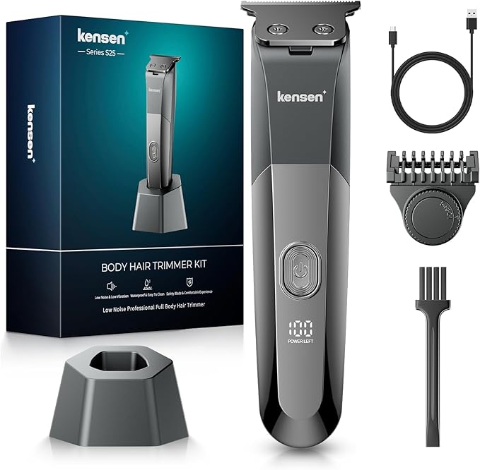 Body Hair Trimmer for Men - Kensen Electric Groin & Pubic Hair Trimmer, Rechargeable Ball Shaver Groomer, Waterproof Mens Body Groomer Kit for Sensitive Areas, Cordless for Wet/Dry Use (Gray)