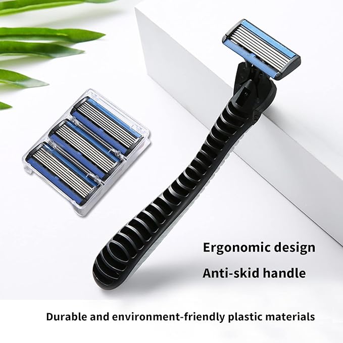 6-Blade Razor,Plastic Anti-slip Men Manual Refill Cartridges razors, Reusable Face Cleansing Care Tool, 18 pcs refill cartridges, Shave Supplies for Men and Women - Black