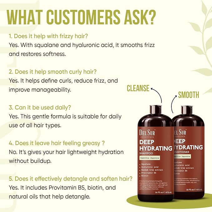 DEL SUR Hydrating Shampoo and Conditioner Set | 16 fl oz Each | with Camellia Japonica, Squalane, Hyaluronic Acid, Baobab Extract & Biotin | Deep Moisture for Dry, Damaged Hair