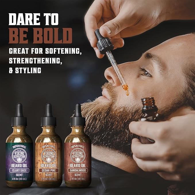 Viking Revolution Beard Oil for Men 3 Pack - Natural Mens Beard Oil Variety Set - Sandalwood, Pine and Cedar, Clary Sage Scents - Beard Conditioning and Moisturizing for a Healthy Beard (3 Pack, 1oz)