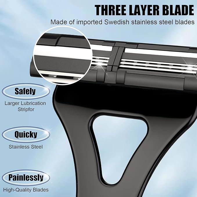 Back Shaver for Men & Women(DIY), Body Hair Trimmer with Foldable Extra Long Ergonomic Handle, Wet Dry Shaving & Safety Razor Technology with 8 Pcs Ultra Sharp Replaceable Blades