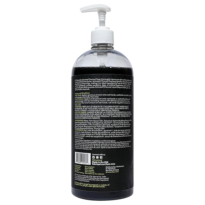 Dr. Natural Activated Charcoal Liquid Soap - Combat Acne and Blemishes - Deep Cleansing Body Wash - Gentle Body Soap for Clear Skin - Citrus - 32 oz