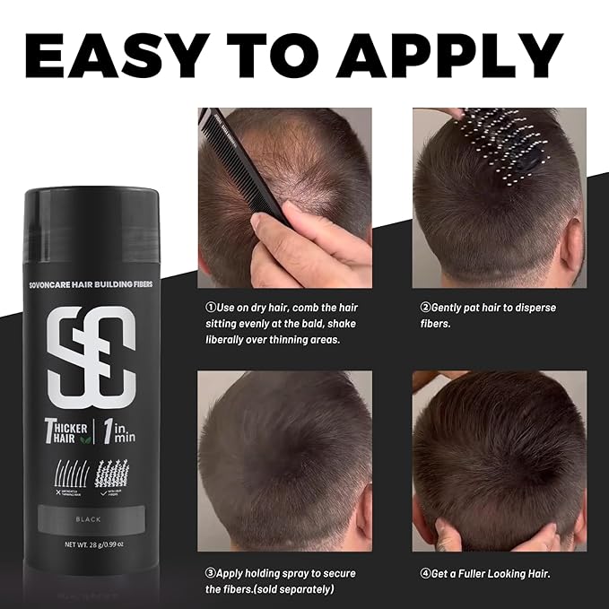 SOVONCARE Hair Fibers for Thinning Hair, Black Hair Building Fibers for Bald Spots Undetectable & Natural, Conceals Hair Loss, Fill In Fine Hair Powder Hair Thicker Instantly for Women & Men 28g