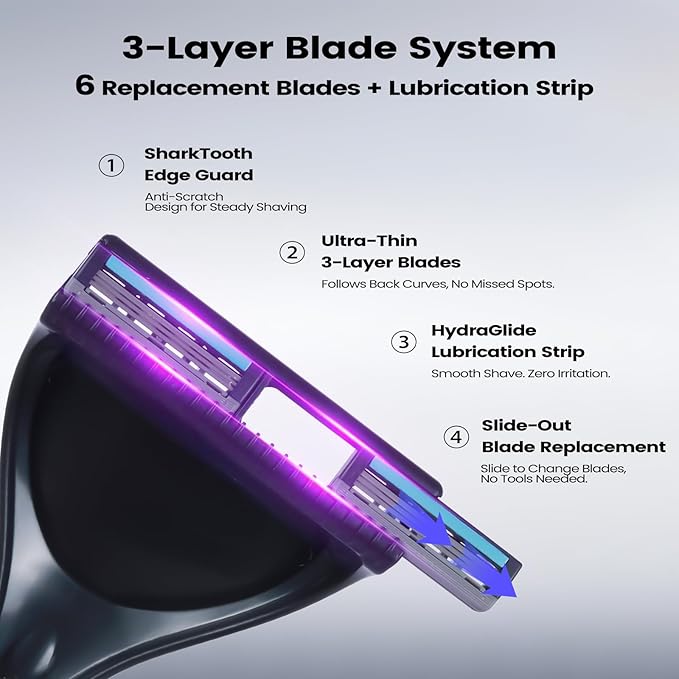 Back Shaver for Men - Retractable Long Handle Back Hair and Body Shavers,Replaceable Multi-Layer Double Blades（8PCS）, Ergonomic DIY Wet or Dry Shaving Solution - Black