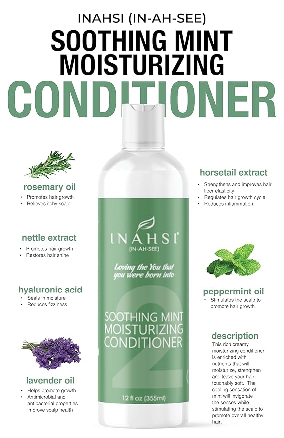 INAHSI Soothing Mint Moisturizing Conditioner, 12 oz - Plant-Based Formula for Naturally Curly Hair, Hair Products for Men, Women, and Kids, Made in USA