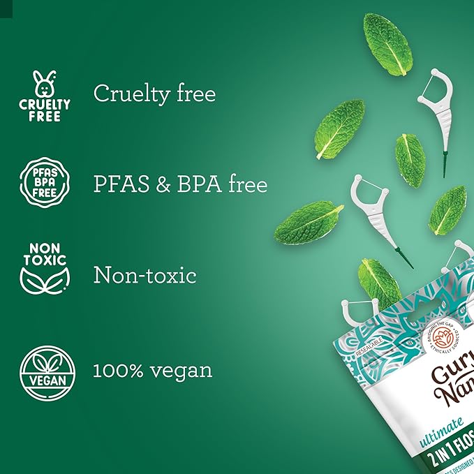 GuruNanda 2 in 1 Dental Floss Picks for Oral Care, PFAS Free – Non-Slip Grip, Slide Easy, No Break or Shred Flosser with Interdental Pick for Healthy Teeth & Gums – Mint Flavor, 300 Count (1 Pack)