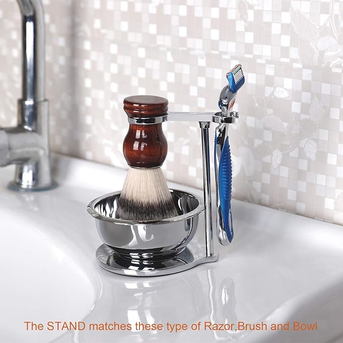 Deluxe Shaving Razor & Brush Stand with Double Layer Stainless Steel Soap Bowl Set,Compatible with Cartridge Razor,Gillette Razor,Safety Razor,Badger Shaving Brush,Gifts for Him