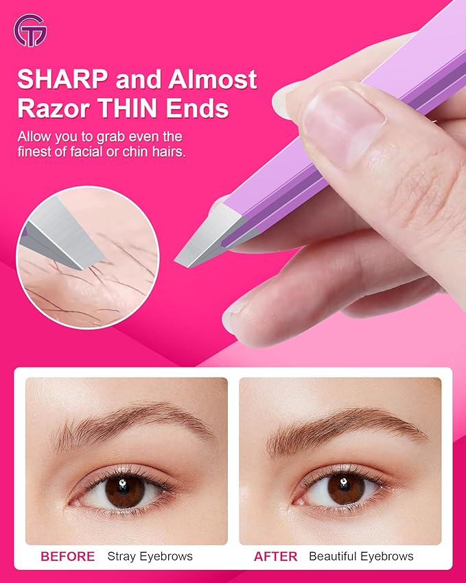 Expert Slant Tip Tweezers with Leather Case, GlamTweeler Sharp & Precision Stainless Steel Tweezer for Eyebrows, Facial Hair and Fine Hairs Removal (Violet)