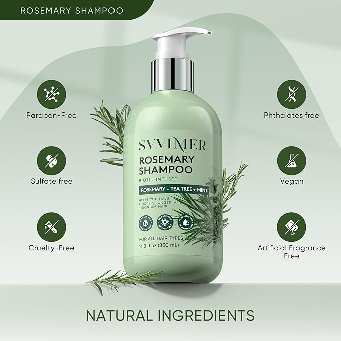 Svvimer Rosemary Hair Growth Shampoo - Thickening and Regrowth Formula for Men & Women - Strengthening Shampoo with Tea Tree Oil Biotin - For Thinning Hair and Hair Loss 11.8 fl.oz