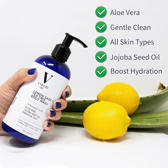 Sulfate Free Body Wash for Sensitive Skin Lemon Sage & Tea Tree Body Wash - Essential Oils, Aloe Vera & Jojoba - Antioxidant Rich, Gentle on Skin & Fresh Citrus Scent - Large 12 fl oz