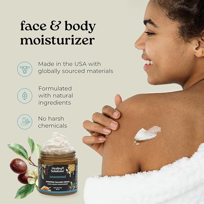 Healing Solutions - Whipped Tallow Balm, 100% Grass Fed/Grass Finished Beef Tallow with Organic Jojoba & Manuka Honey for Skin, Face & Body, All Natural Moisturizer Cream, Made in USA