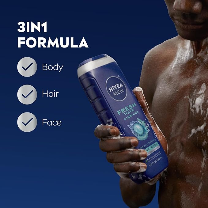NIVEA MEN Fresh Wave Body Wash with Menthol, Refreshing Scent, 3-in-1 Men's Body Wash, Face and Hair, Paraben Free, Vegan Formula, 16.9 Fl Oz Bottle, Pack of 3