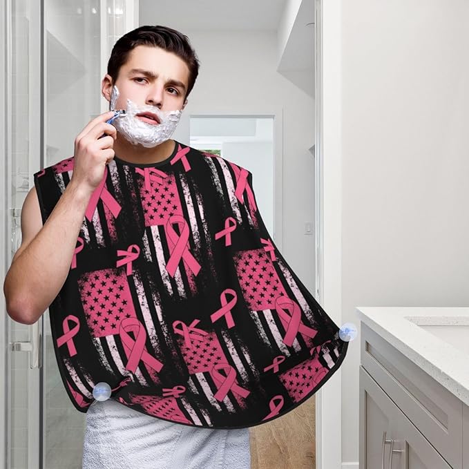 Stretchable Beard Cape, Non-Stick Hair Catcher for Trimming, Waterproof Grooming Apron, Breast Cancer Awareness Pink Ribbon American Flag