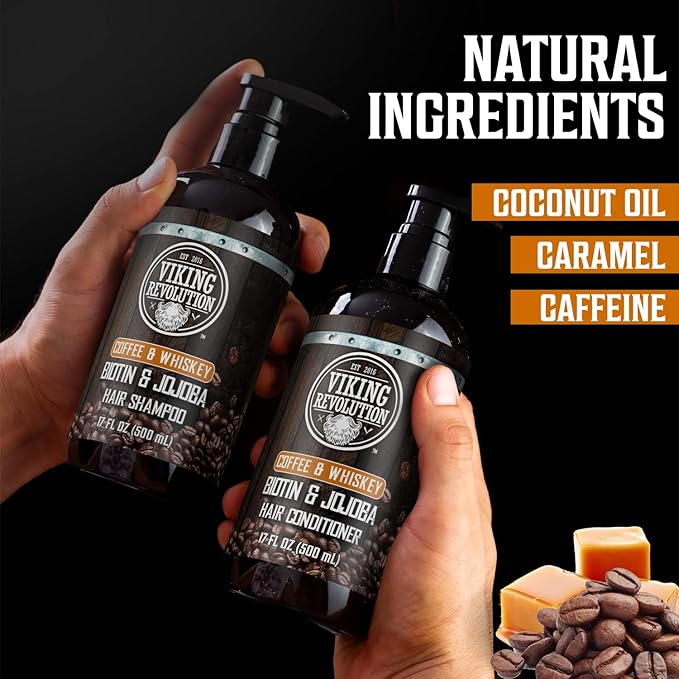Viking Revolution Coffee Whiskey Mens Shampoo and Conditioner Set with Biotin and Jojoba Oil - Natural Hair Shampoo and Hair Conditioner for Men with Vitamin B5- Shampoo and Conditioner Set Men (17Oz)