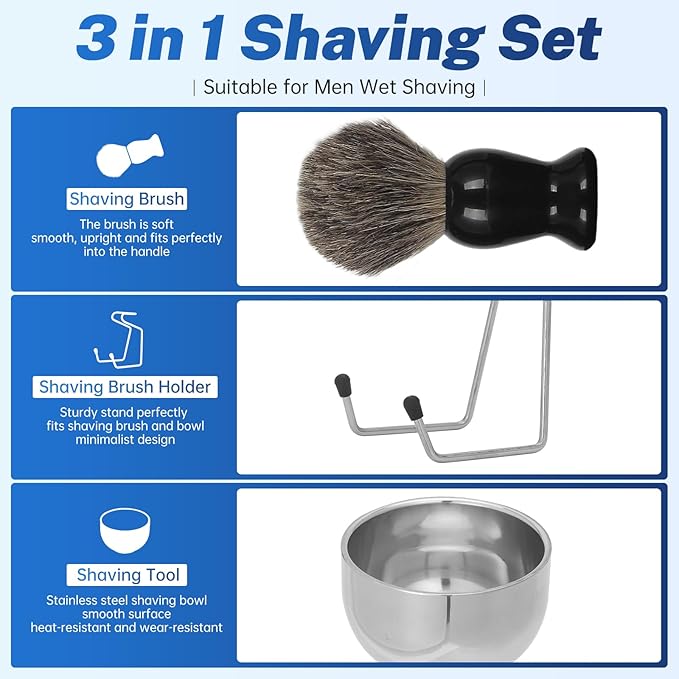 Shaving Brush Set for Men – Pure Badger Hair Shaving Brush and Bowl, Exfoliating Shaving Cream Brush Gifts for Fathers Day