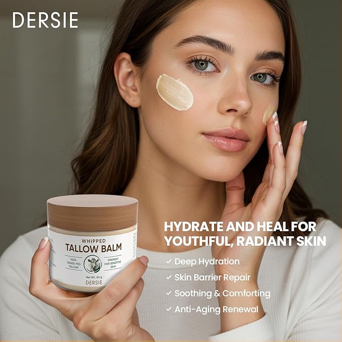 Dersie Whipped Tallow Cream: 100% Grass-Fed Beef Tallow Cream for Deep Hydration, Skin Barrier Repair, Soothing - Tallow Moisturizer for Face & Body for Women, Men & Kids (2.1 oz)