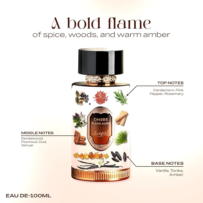 Sapil Ombre Flame Aura Eau de Parfum – Long Lasting Unisex Spicy Woody Perfume | Cardamom, Oud & Amber Notes | Warm Smoky Signature Fragrance | 3.4 oz / 100ml