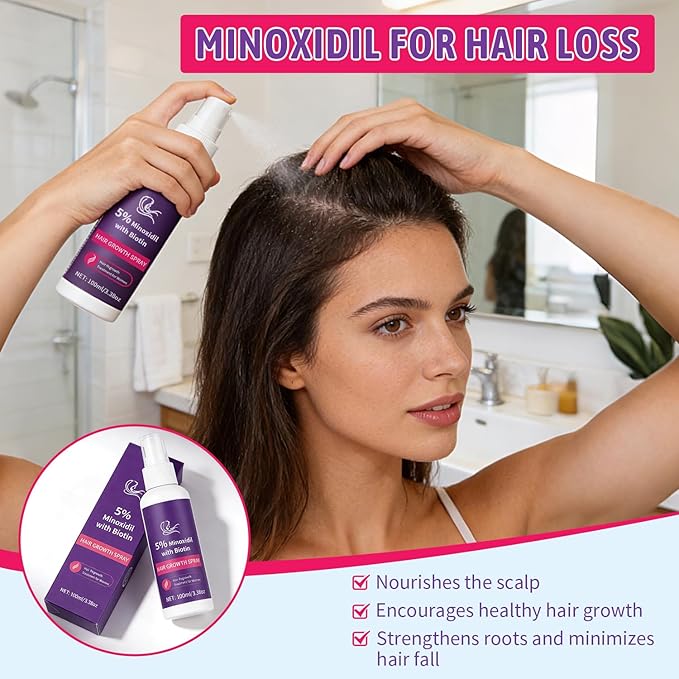 5% Minoxidil for Women Hair Growth with Biotin, Minoxidil Spray Helps Promote Thicker, Stronger & Fuller Hair, Supports Regrowth and Reduces Hair Thinning, Suitable for All Hair Types, 3.38 oz