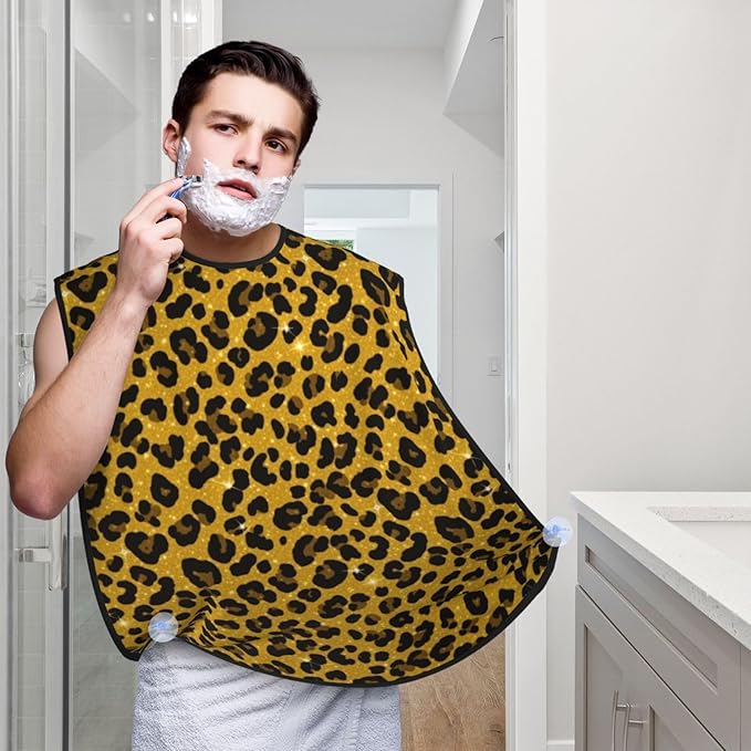 Strong Suction Cup Beard Grooming Bib, Non-Stick Hair Catcher, Waterproof, for Shaving, Black Gold Glitter Wild Chic Animal Cheetah Leopard Ptint